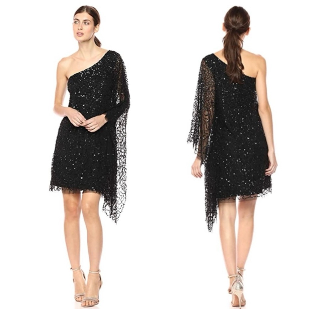 NWT Adrianna Papell one shoulder black kaftan sequin dress size xs